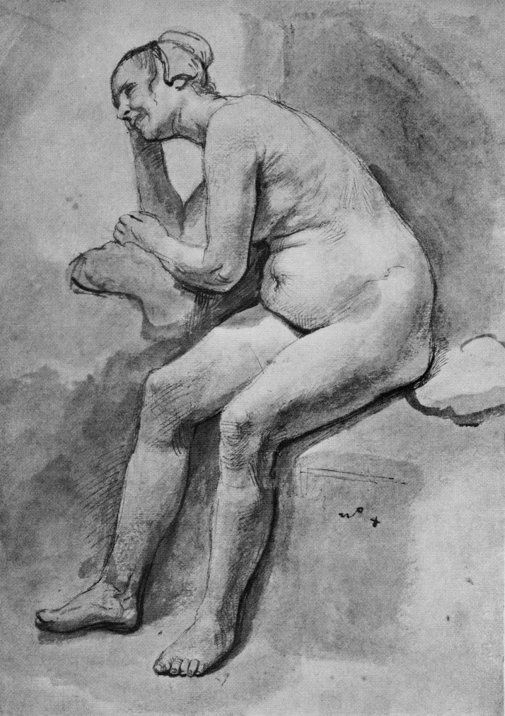 Rembrandt: "Mujer desnuda sentada girada a la izquierda". Lapiz y aguada con tinta china. Museo del Louvre.