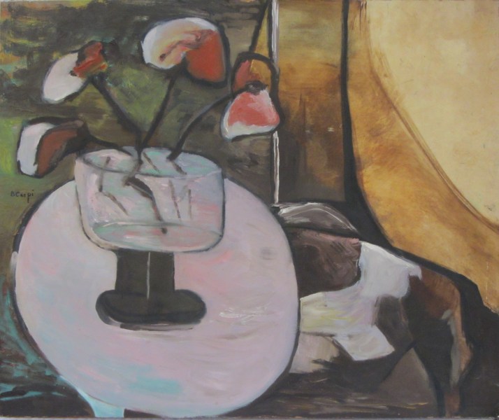 Bárbara Carpi. "Copa y velador". Óleo sobre tablex. Foto; Aurelio Serrano Ortiz.