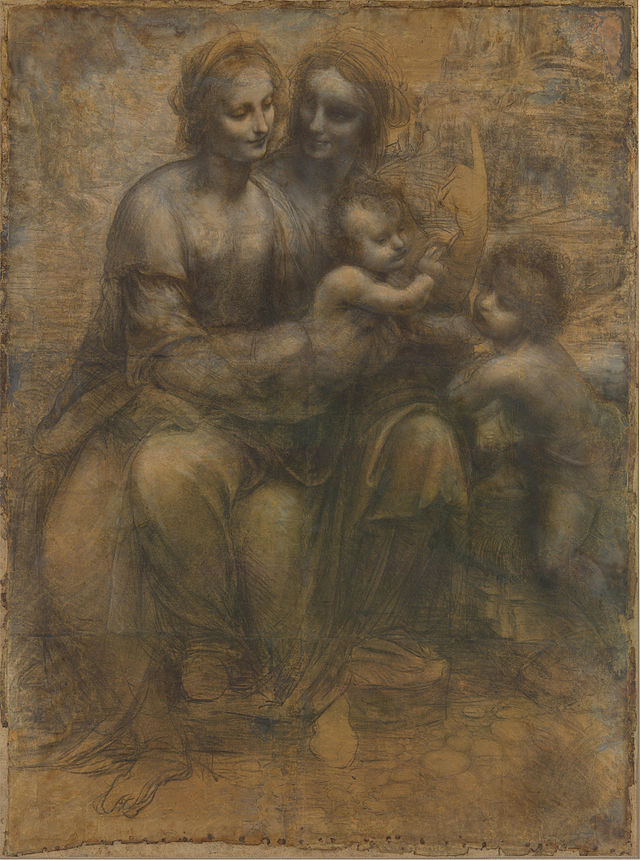 Leonardo da Vinci: "Virgen con Niño. Sta. Ana y S. Juan". 1505. Öleo, tiza y lápiz sobre cartón. National Gallery, Londres.