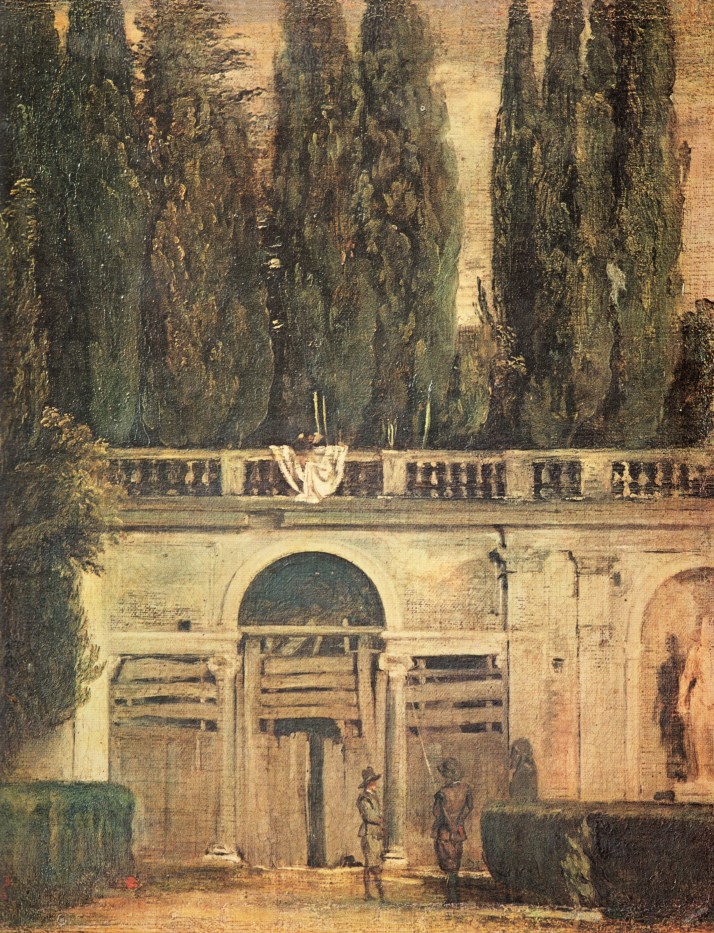 Velázquez: "Vista del jardín de la Villa Médicis" (La tarde). Óleo sobre lienzo,  48 x 42. Museo del Prado.