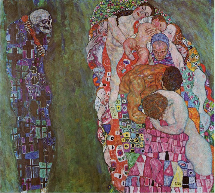 Klimt :"Vida y muerte". Óleo sobre tela, 178 x 198. Viena, colección privada