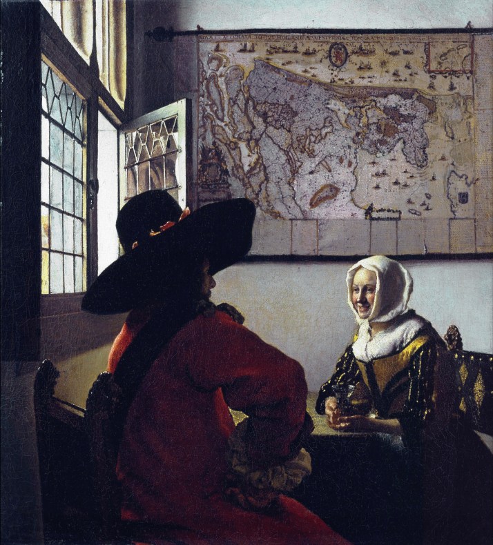 Vermeer: "Militar y muchacha riendo", c. 1657. Óleo sobre lienzo, 50 X 46. Frick Collection, N, Y.