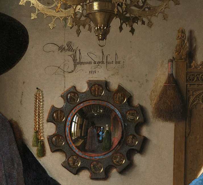 Jan van Eyck:"Retrato de Giovanni Arnolfini y su esposa", detalle del espejo.